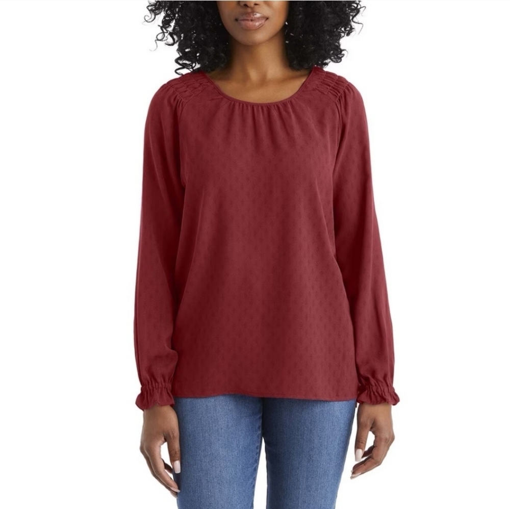 NWT Jessica Simpson Womens Red‎ Blouse Textured Top Long Sleeve
